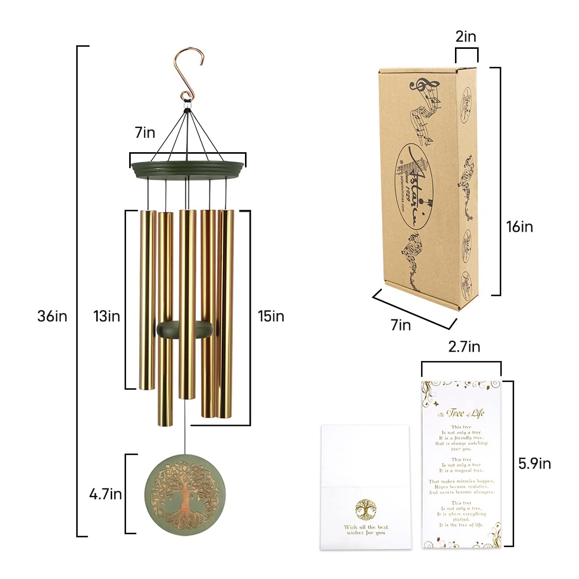 Wind Chimes for Outside,Outdoor Wind Chimes for Mother & Grandma - Large Garden Hanging Decor with Tree of Life Engraving, Perfect for Yard, Home, Christmas, Birthdays