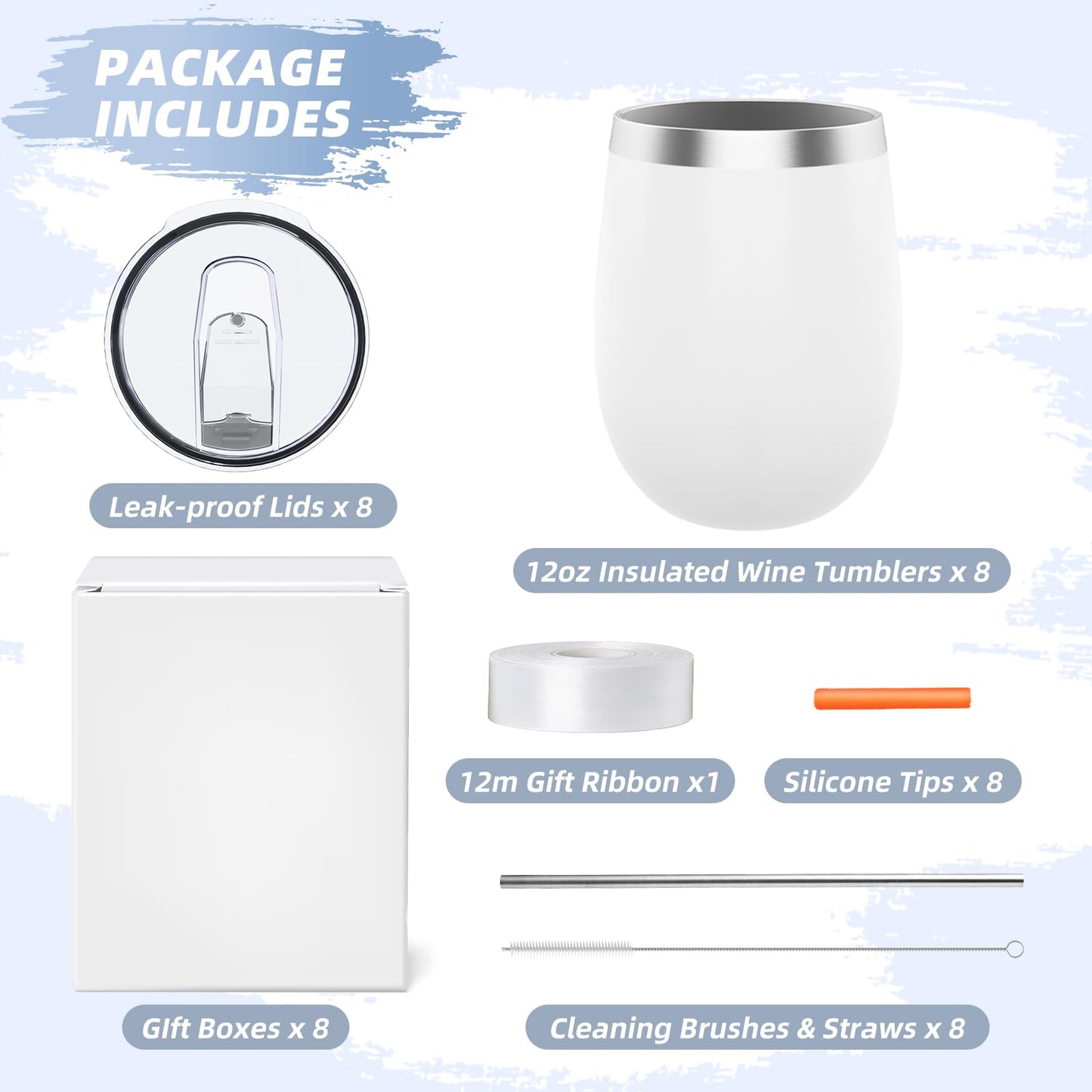 ColorSub 8 Pack 12oz Sublimation Wine Tumblers, Stainless Steel Double Wall Sublimation Blanks Wine Cups with Lids & Straws, Silicone Straw Tips, Gift Box, Matte White