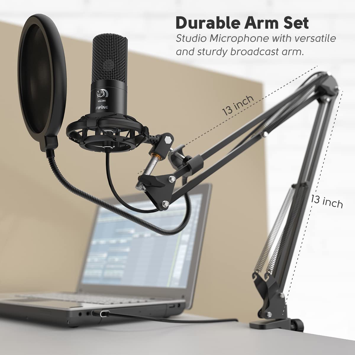 Fifine USB Podcast Microphone Kit for PC Computer, Studio Condenser Mic with Boom Arm, Gain Control, Shock Mount for Recording, Voiceover, Video on Tiktok YouTube Video-T669