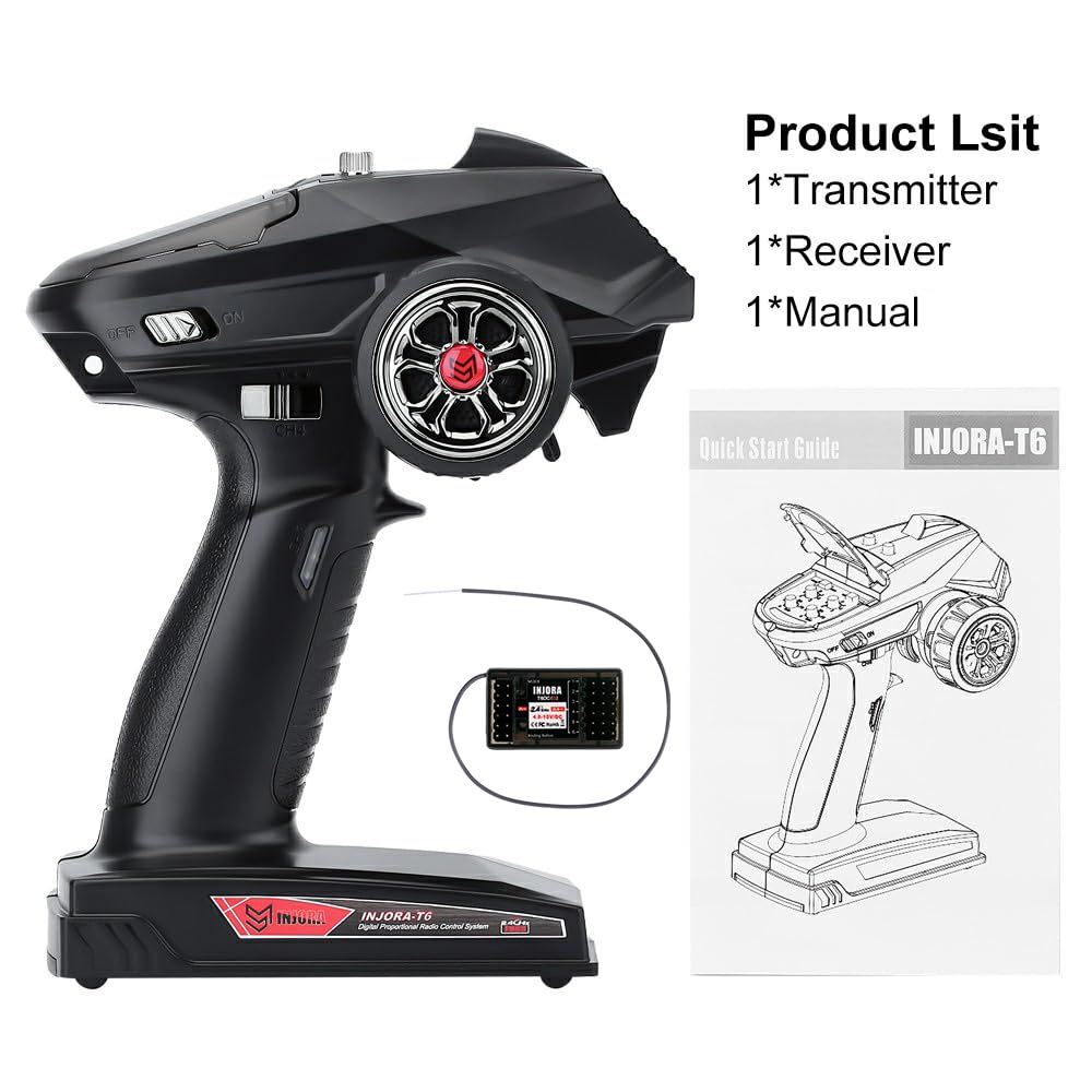INJORA RC Transmitter 2.4GHz 6CH Controler and Receiver for 1/8 1/10 RC Car Boat Tanks Crawler TRX4 SCX10(T6DC)