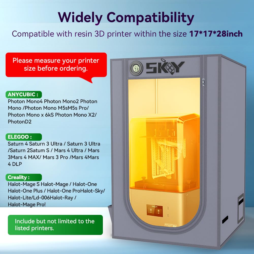 Skouphy Resin 3D Printer Enclosure with Ventilation Kit, LED Light,Thermo-Hygrometer Dustproof Cover Eliminate Odors Compatible with Anycubic Elegoo Creality Series LCD Resin UV 3D Printer Grey