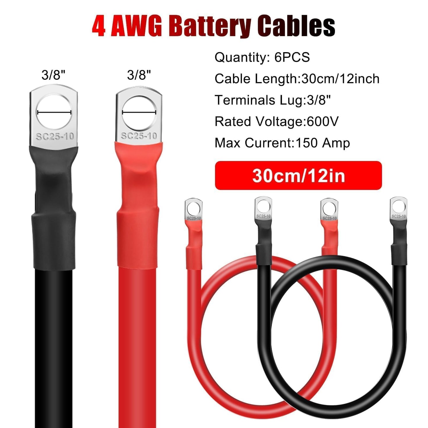 Linkstyle 6PCS 4 AWG 12 Inch Battery Cables, 30CM pure Copper Battery Inverter Wire Cables Set with 3/8" Tinned Copper Lugs, for Automotive,Solar, ATV, RV, Marine