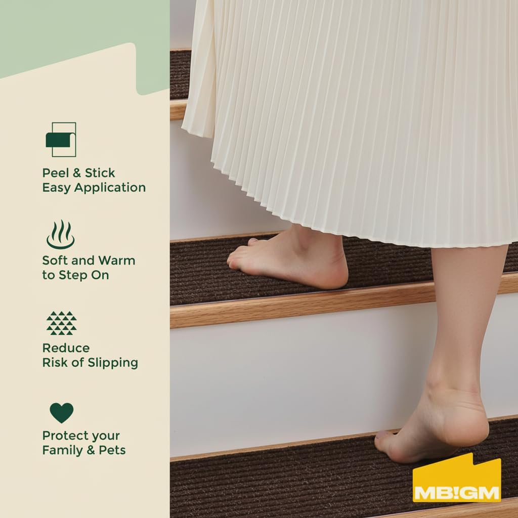 MBIGM 8" X 30" (15 in Pack) Non-Slip Carpet Stair Treads - Non Skid Carpet Safety Rug Slip Resistant Stair Tread Runner for Kids Elders & Pets with Reusable Adhesive - Brown - Anti Slip Stair Treads