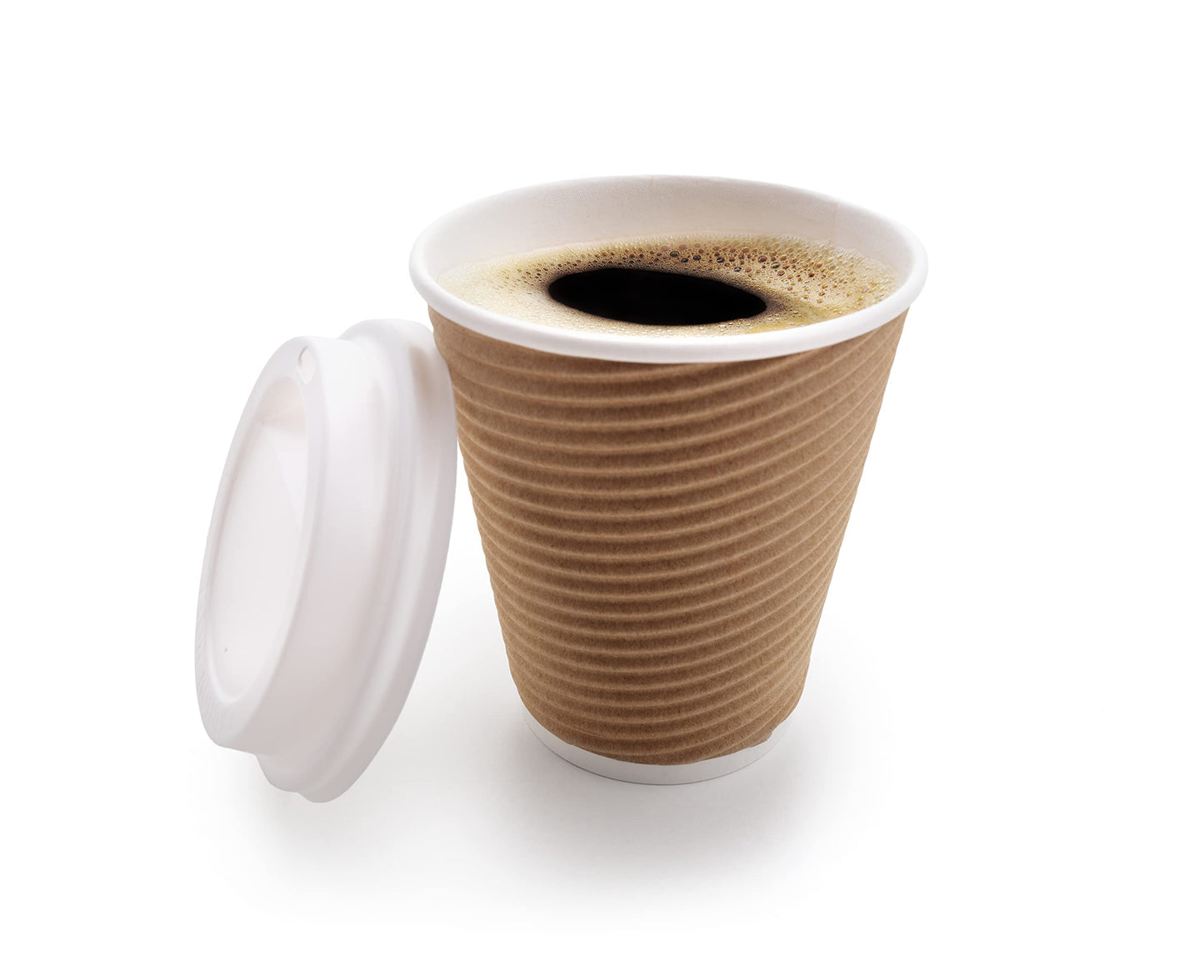 Pacpod Pack of 100 Insulated Rippled Hot Cups with Dom Sip Lid Coffee Cup Tea Chocolate Drinks Paper Disposable Cups and lid Color Brown Size 12 Oz & 16 Oz (12 oz)