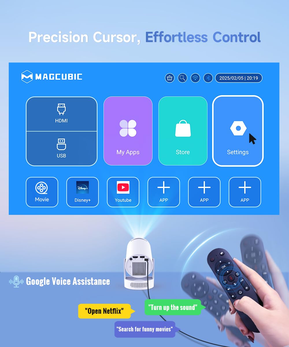 Mini Projector, Portable Smart Proyector, 5w Soundbase Speaker, WiFi 6 and Bluetooth 5.4, Auto Vertical Keystone 4K Decoding 180° Rotatable Projecteur for Home Video Bedroom (Manual Focus & White)