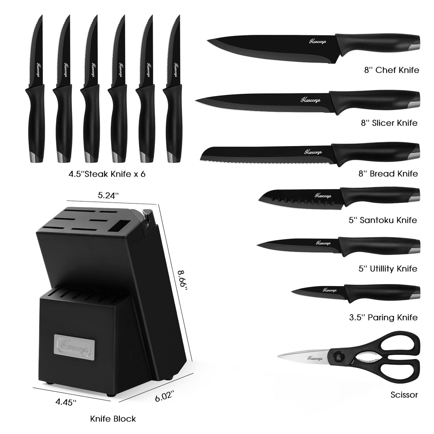 Hancorys Knife Sets for Kitchen with Block, 15 Pieces Chef Knife Set with Self Sharpening, Stainless Steel Nonstick Ceramic Anti-Rust Coating Blades, Ergonomic Handle, Black Grey