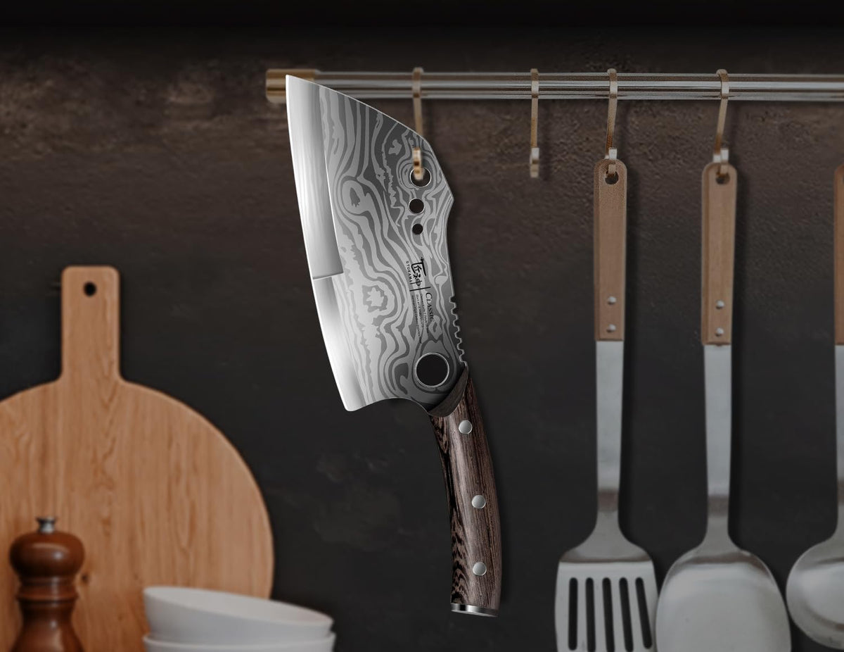 SYOKAMI Meat Cleaver Chef Knife, 7.7 Inch Multifunction Butcher Knife with Herb Stripper and Sheath, Chinese Cleaver Heavy Duty Bone Chopper, Meat Cutting, Damascus Pattern Full Tang Wood Handle