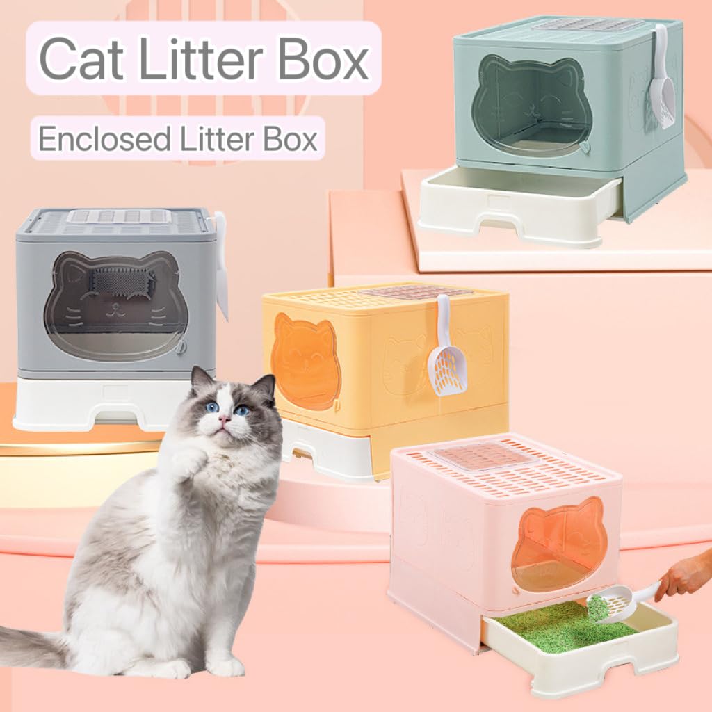 TownTime Top Entry Litter Box with Lid,Anti-Splashing Foldable Cat Litter Box with Activated Carbon Keeping The Air Fresh,Drawer Type Kitty Litter Box Easy and Quick to Clean,Large Litter Box (Green)