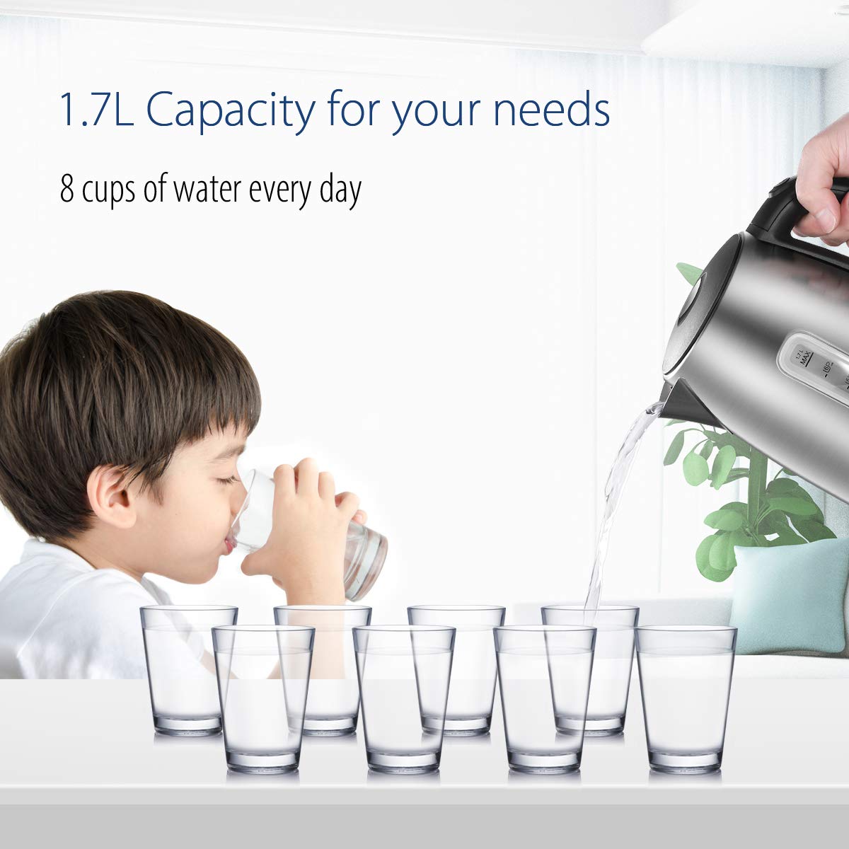 COMFEE' Stainless Steel Electric Kettle, 1.7L Tea Kettle Electric for Boiling Water, Hot Water Kettle 1500W Fast Boil with LED Light, Auto Shut-Off and Boil-Dry Protection