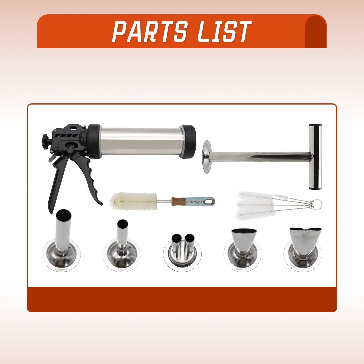 Hoypeyfiy Stainless Steel Jerky Gun Sausage Maker Sausage Stuffer Handmade Beef Jerky Gun with 5 Stainless Nozzles Meat Pusher Cleaning Brushes Kit