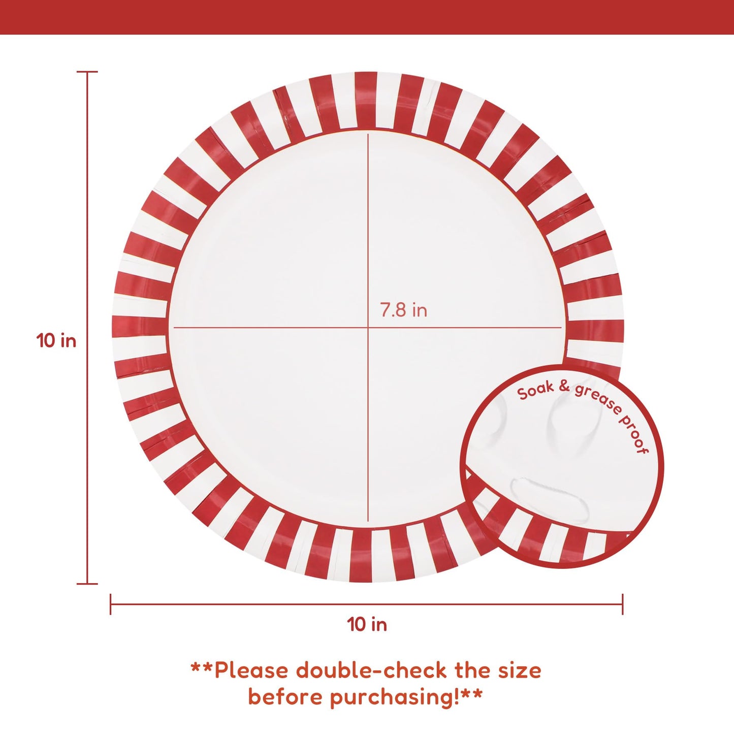 yesbox 150 Pack 10 Inch Red and White Striped Paper Plates, Soak & Grease Proof, Disposable Heavy Duty Dinner Plates for Holiday Parties, Christmas, Winter Events