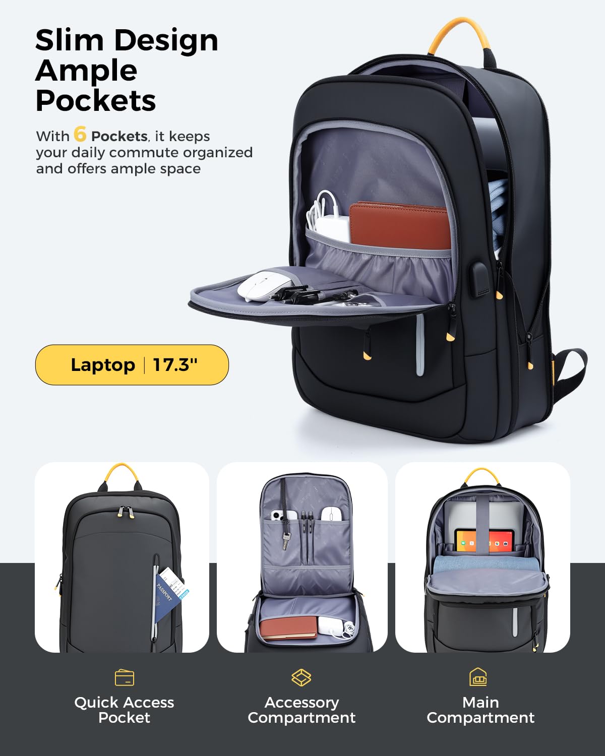 Slim Laptop Backpack for Men - Expandable Business Backpack Fits 17.3 Inch Laptop, Anti Theft Work Backpack with USB Charging Port, Water Resistant Lightweight Computer Backpack for Work College,Black
