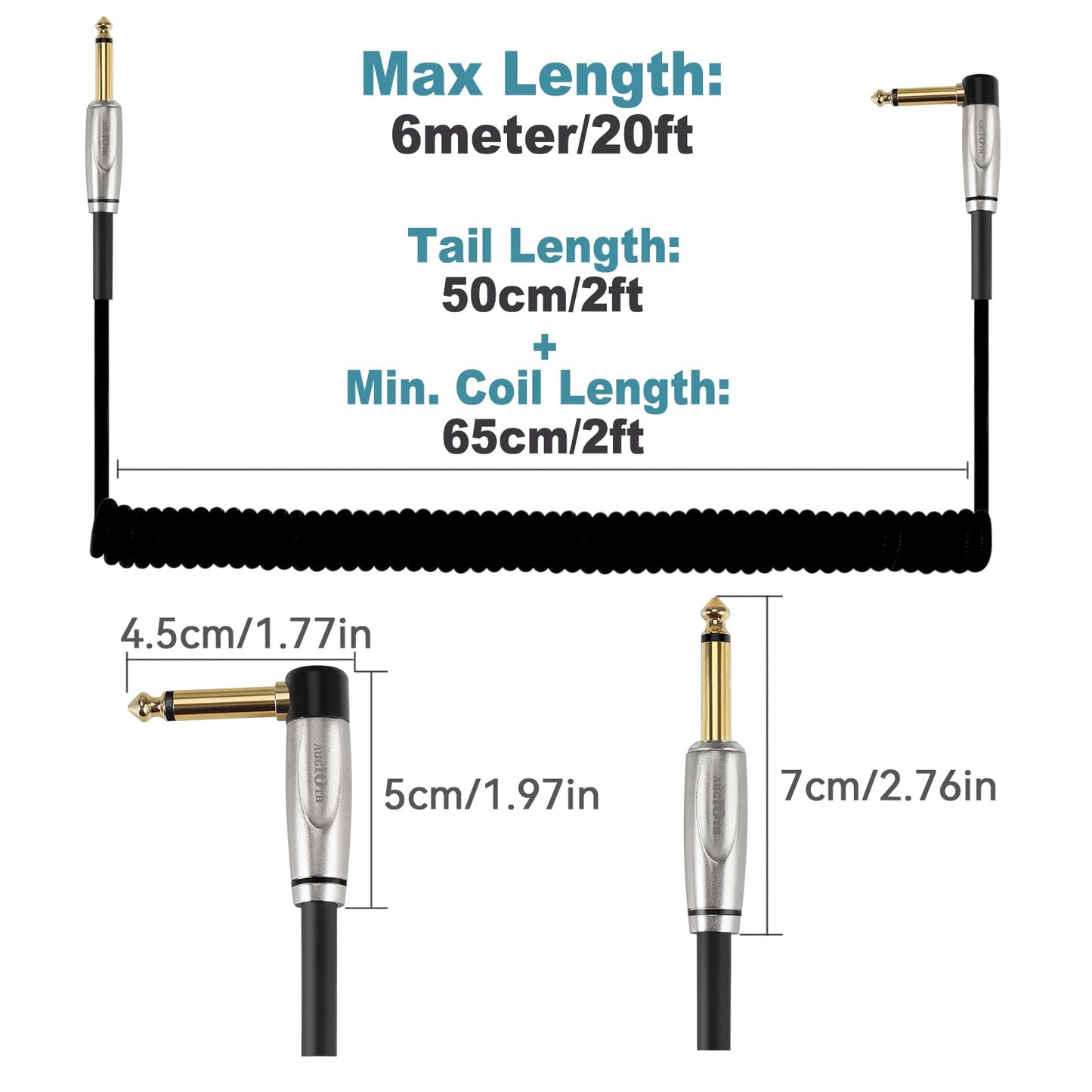 Augioth Curly Guitar Cable 20ft, Coil Electric Instrument Guitar Bass Cord AMP Lead 1/4 Straight to Angled Black