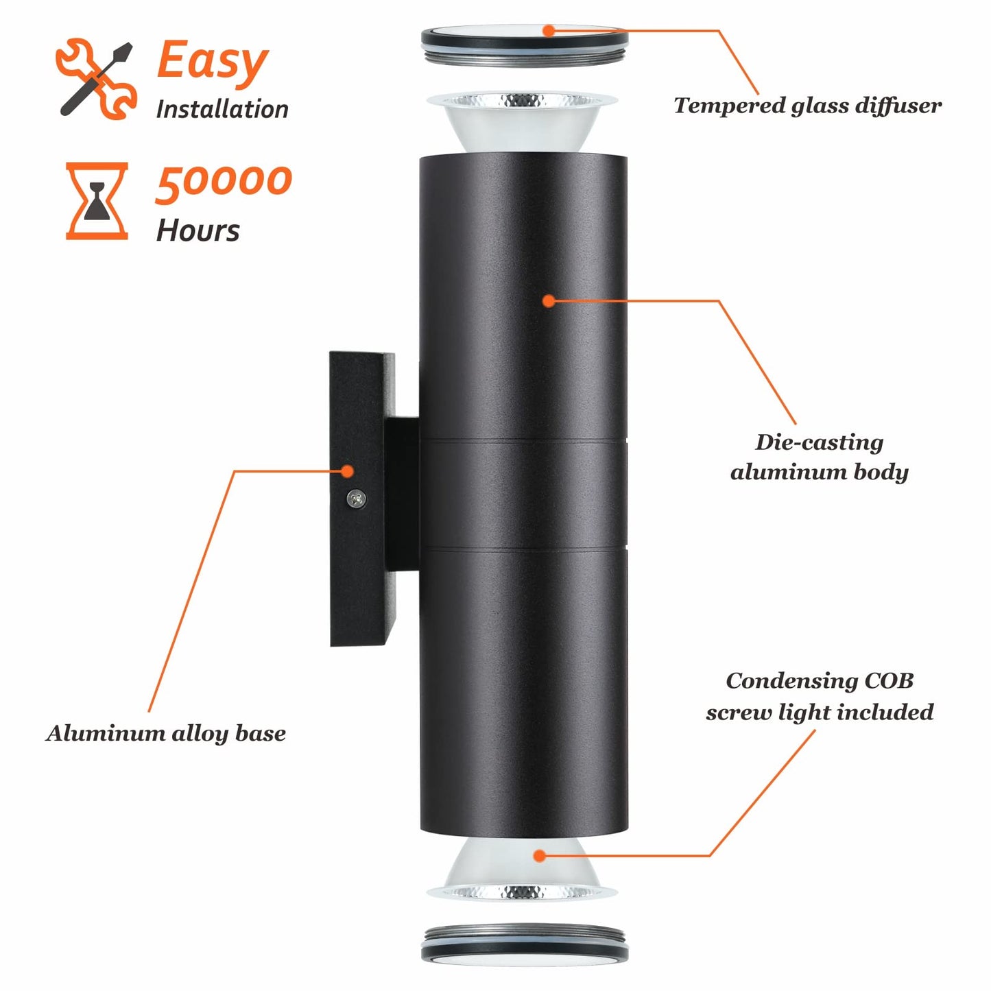 DAKAFUL Outdoor Wall Lights 2Pack, Integrated LED Cylinder Up Down Lights, 12W 2700K Modern Aluminum Outdoor Light, Waterproof Exterior Wall Light for Porch Patio Door(Matte Black)