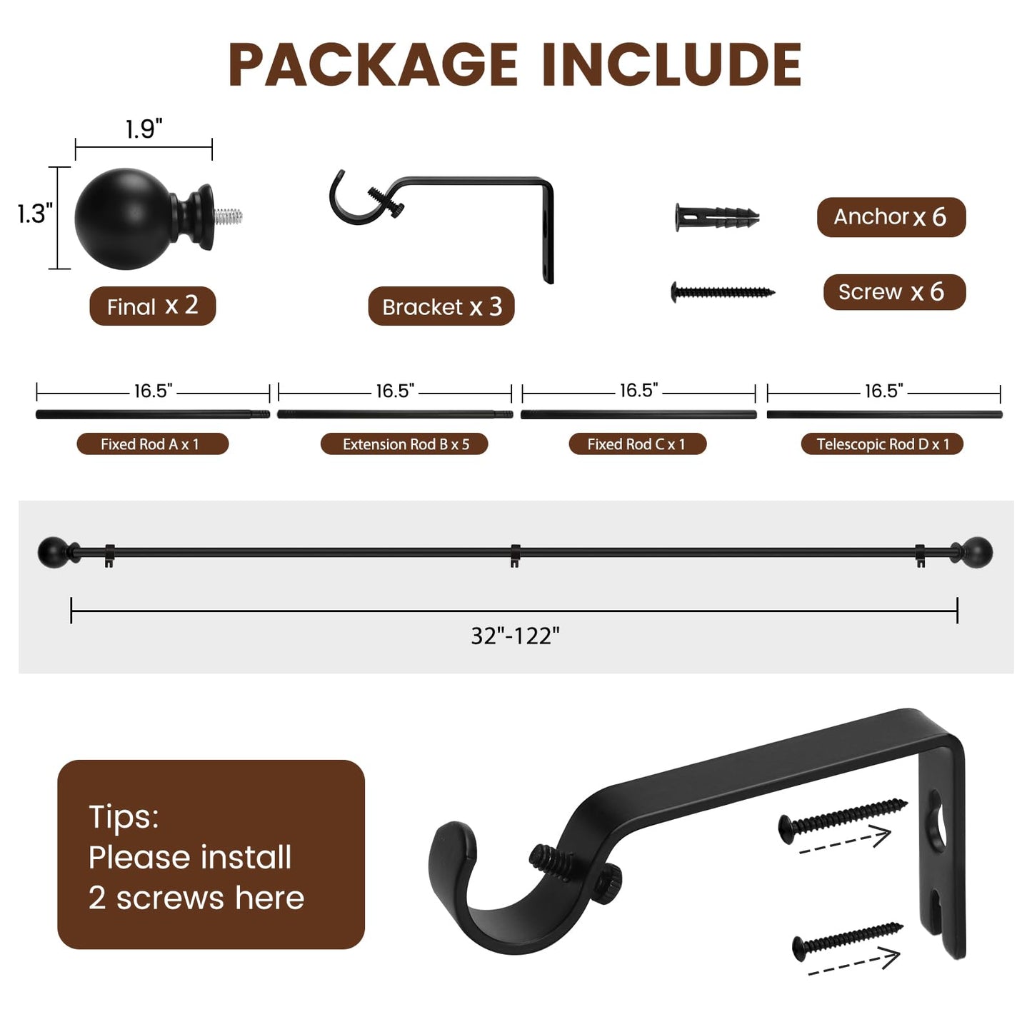 Curtain rod for Windows 84-120 Inch, 5/8 Inch Extra Long Matte Black Curtain Rod Adjustable with Brackets Pole Rideau for Bedroom, Bathroom, Living room, Kitchen, Patio, Outdoor, cafe