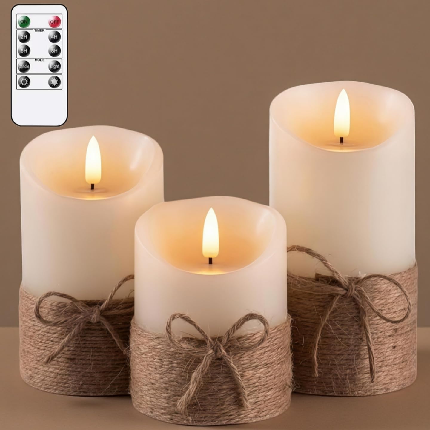Flickering Flameless Ivory Candles Realistic LED Candles with Remote Control and Timer Battery-Operated (Hemp Rope)