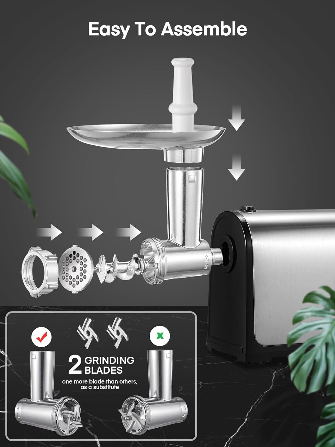 FOHERE Meat Grinder, Stainless Steel Sausage Stuffer Maker Meat Mincer Machine with 2 Blades & 3 Plates, 2000W Max Electric Food Grinder, Sausage Stuffer Tube & Kubbe Kit, Heavy Duty Meat Grinder