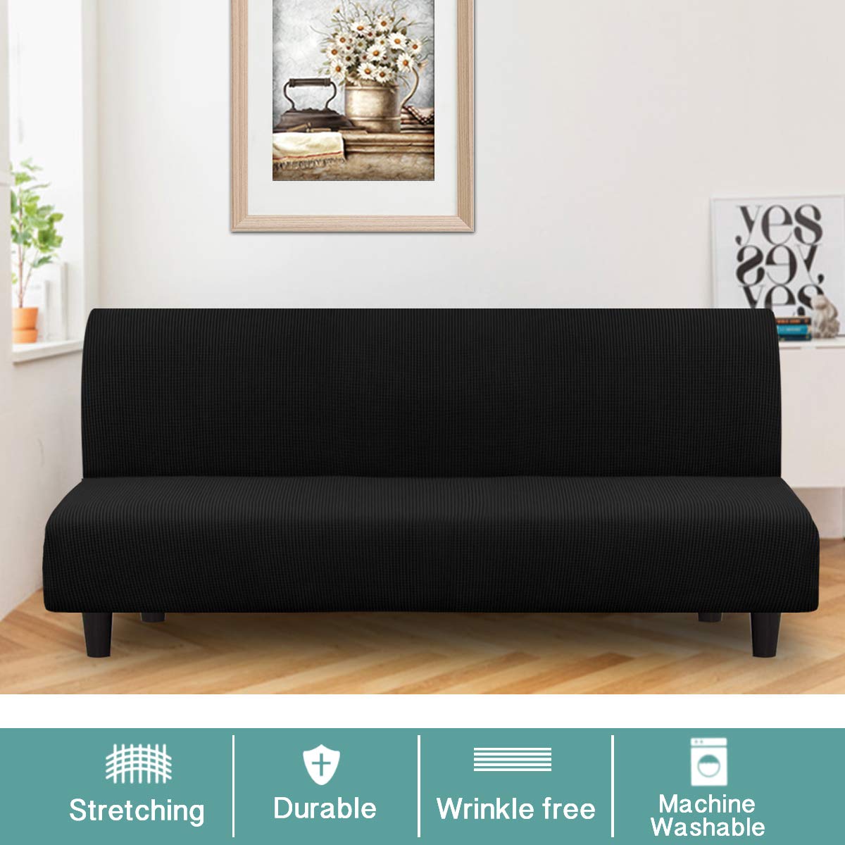 Turquoize Futon Cover Stretch Armless Sofa Slipcover Spandex Non Slip Soft Couch Sofa Cover Without Arms Futon Slipcovers for Living Room Furniture Protector with Elastic Bottom, Black