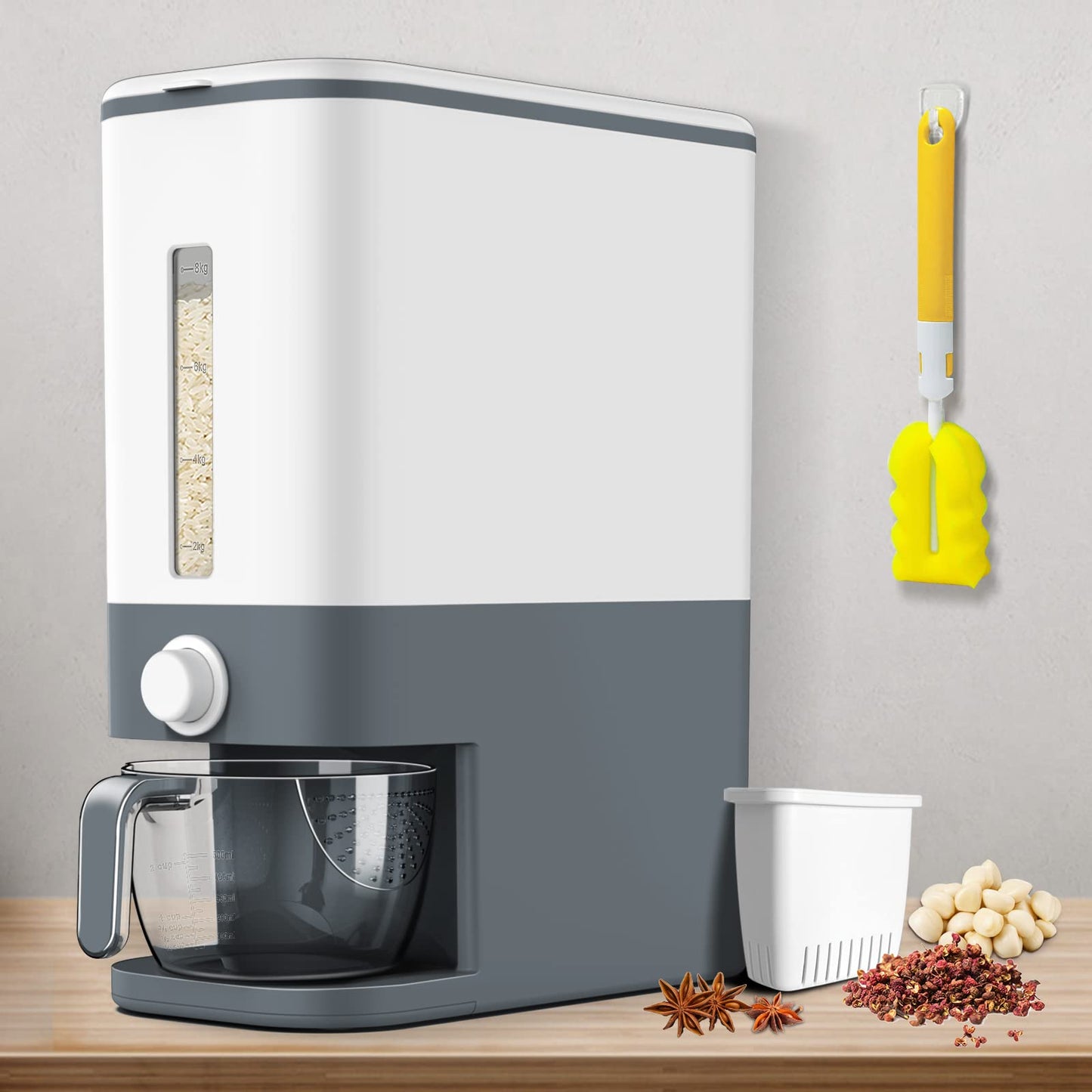 VenDotbi Rice Dispenser, 22-25 Lbs Rice Container with Measuring Cup, Upgraded Built-in Fresh Box, Cereal Dispenser Storage with Lids for Home Kitchen Pantry Rice Soybean Corn-Grey