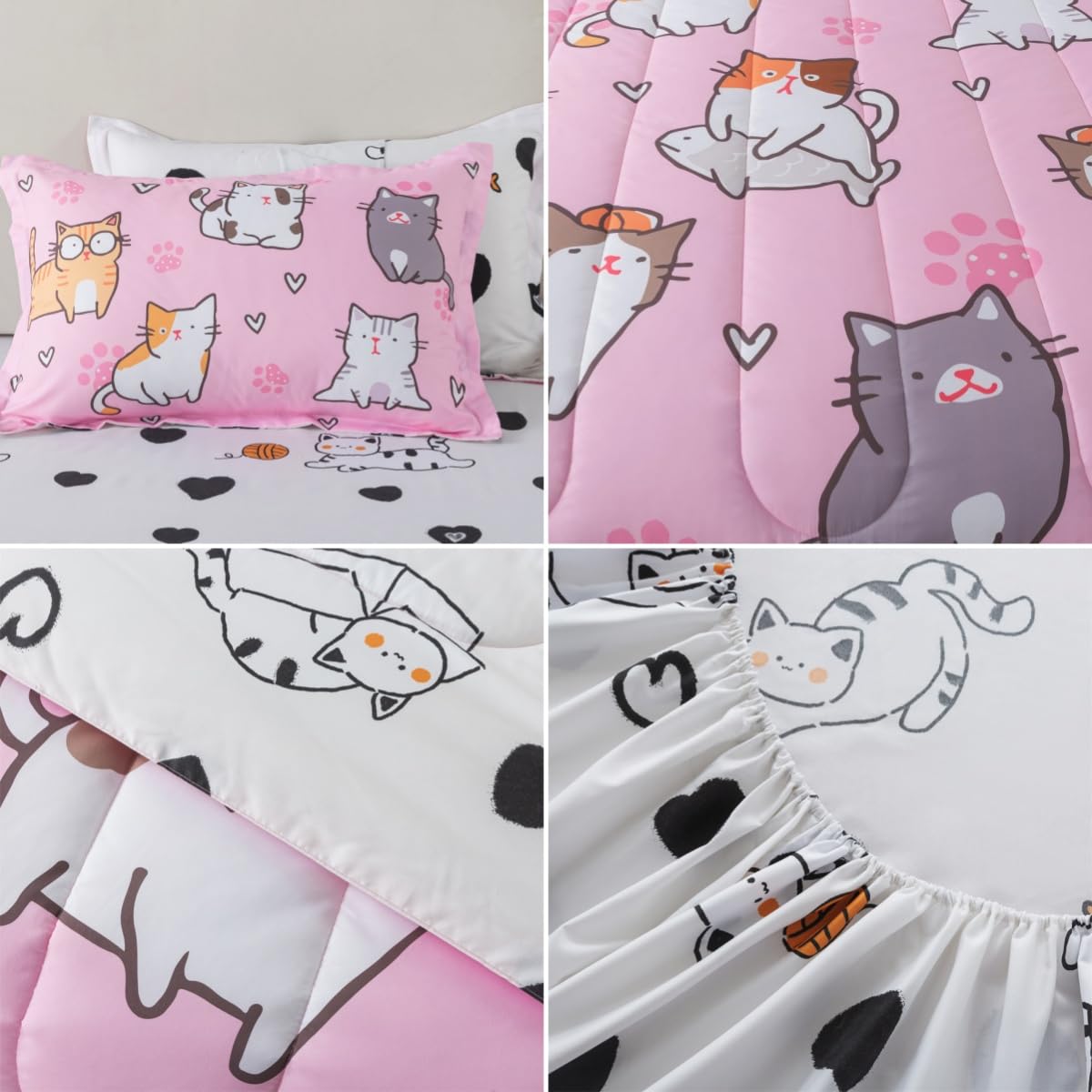 lishjekee 6 Pieces Cute Cat Comforter Twin for Girls Pink Cats Bedding Set Bed in A Bag for Kids Kawaii Pets Kitten Comforter and Sheets Set Cartoon Animal Bed Sets Home Decor