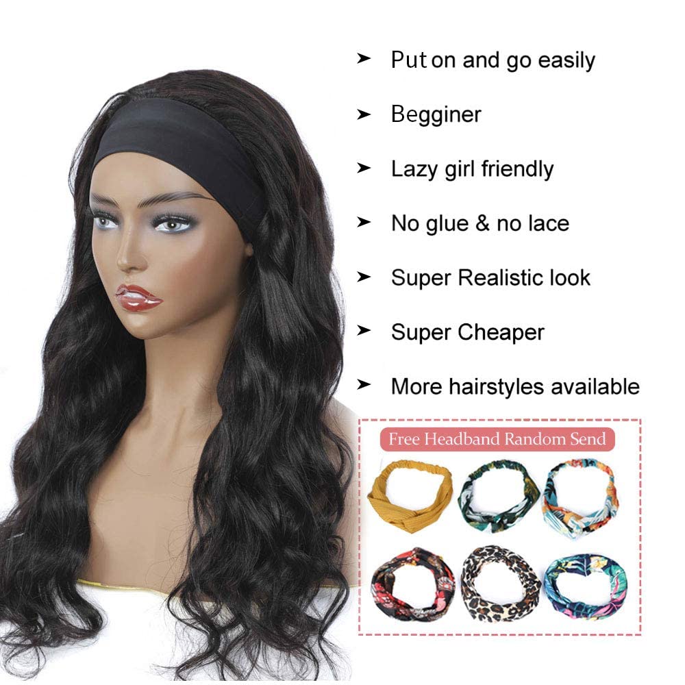 Headband Wig Human Hair Body Wave Headband Wigs for Black Women 16 Inch Brazilian Human Hair Wigs Body Wave Headband Wig Glueless None Lace Front Wigs Wear and Go Wigs 150% Density Natural Color