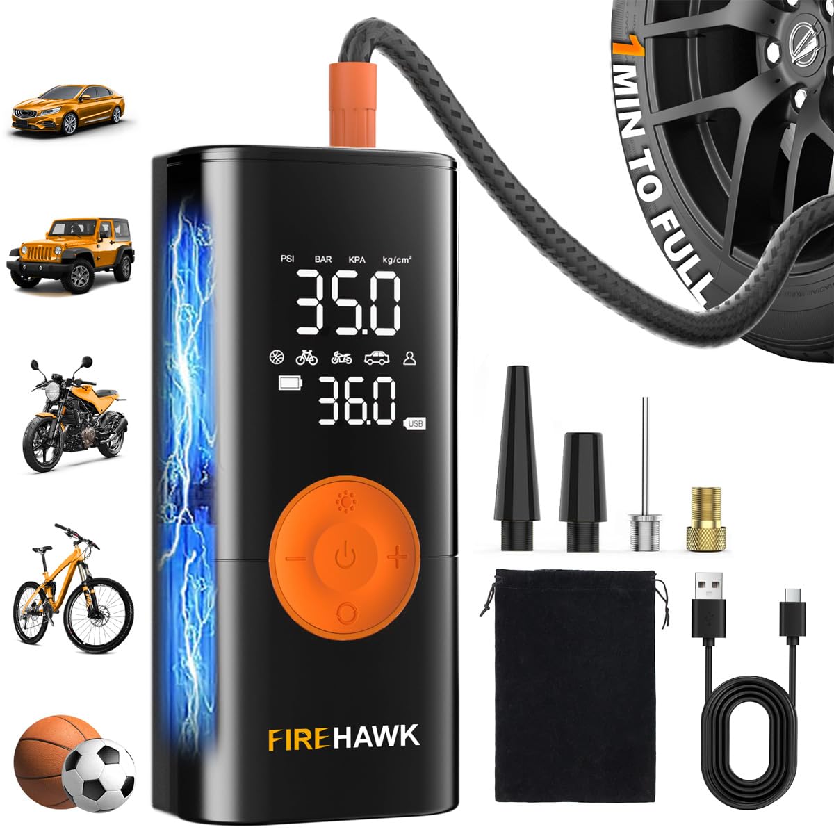 Firehawk Tire Inflator 6X Faster 1 MIN to Full Portable Air Compressor 150PSI Cordless Pump with 20000mAh Battery Digital Pressure Gauge LED Light for Car Bike Motorcycle Balls