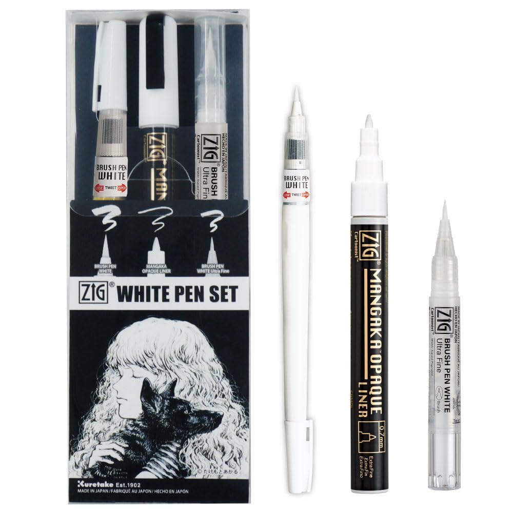 Kuretake Zig INKTOBER Special 3 variety set, White Pen Markers, Fine and Ultra Fine Brush tip, for Manga, Drawing, Calligraphy, Professional, Artist, Made in Japan