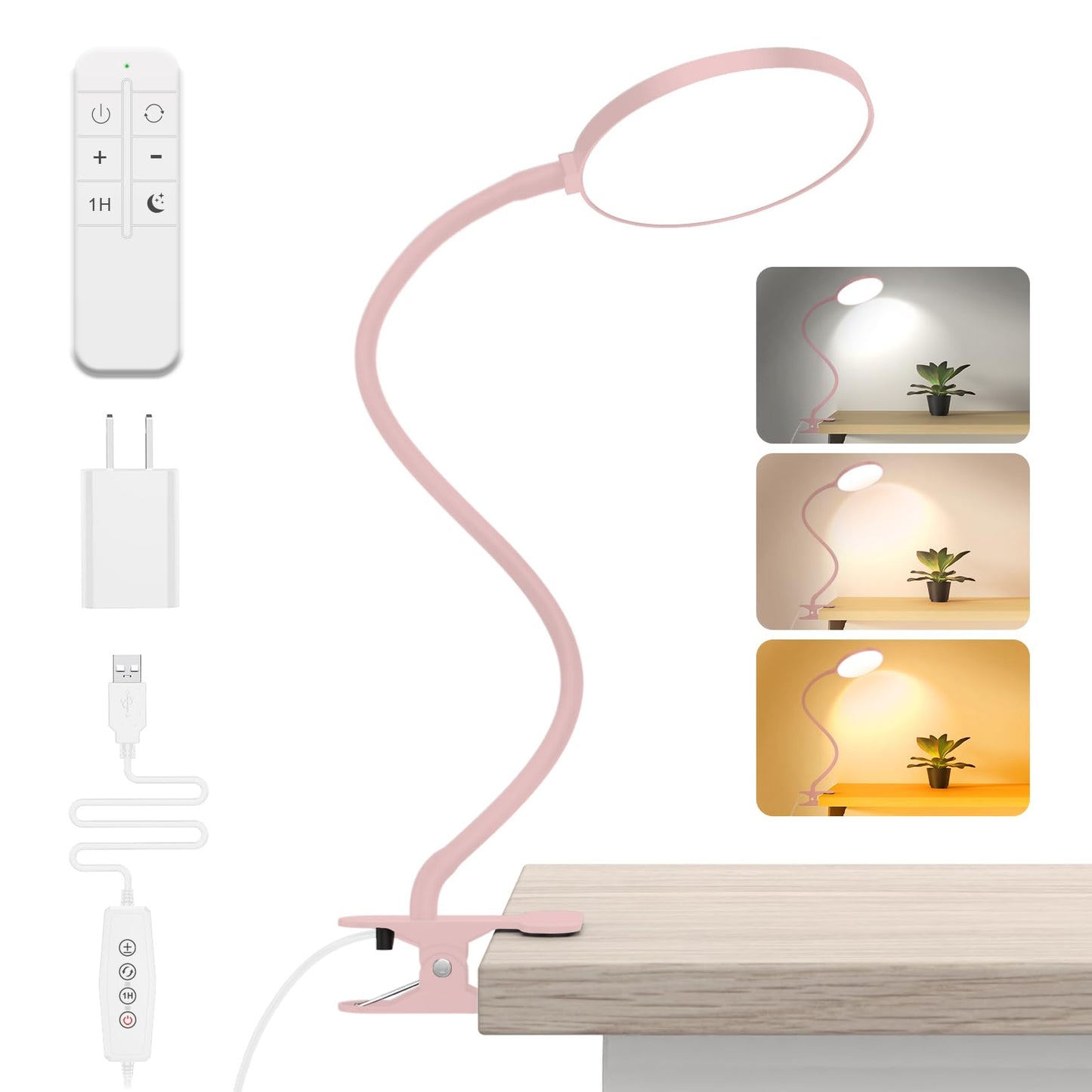 Reading Light with Remote, LED Desk Lamp Clip on [1H Timer & Nightlight] RA>95 Dimmable Silicone Flexible Arm, USB Reading Lamp Clamp for Table - 4.7'' (Adapter Included) -Pink