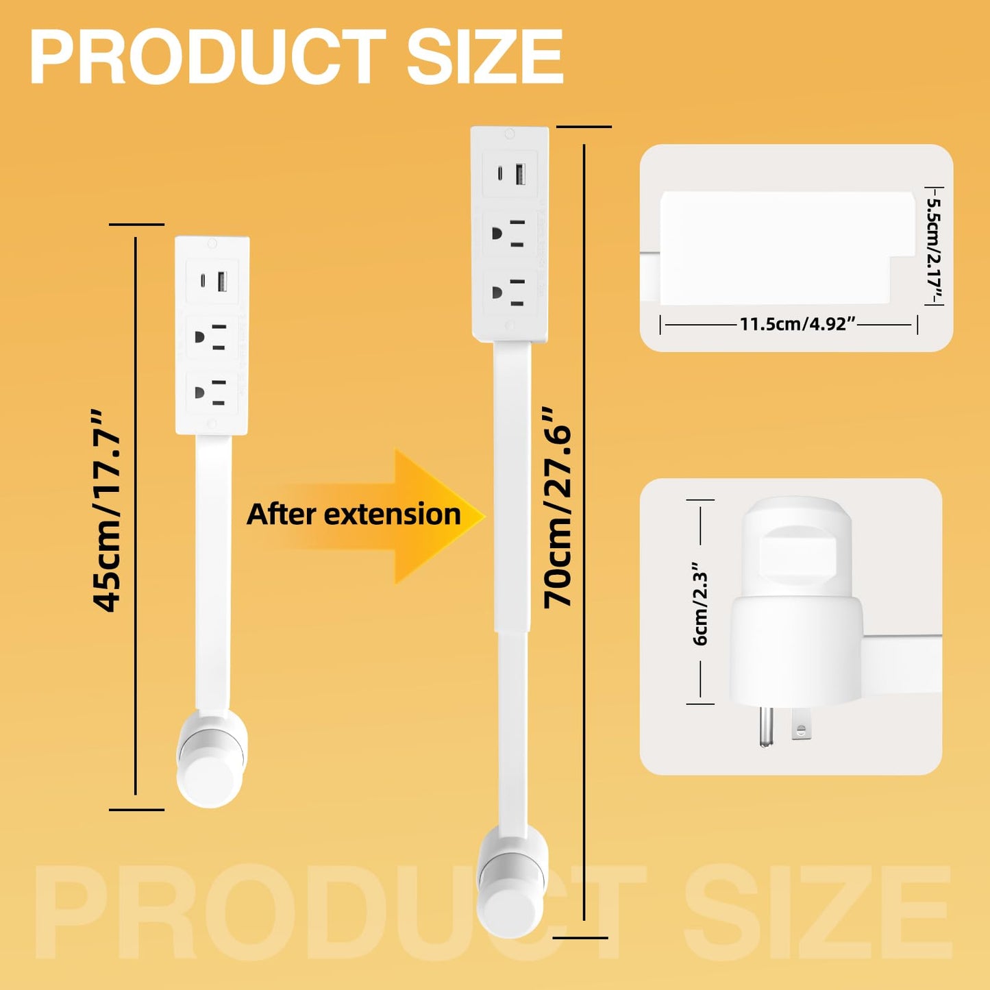 Electrical Outlet Extender Features USB-A, USB-C, and 2 AC Electrical Outlet Extender Stick for Hard to Reach Spaces Extends 22"-27", Rotates 180°. Use Behind Couches, Nightstands, Desks, and More