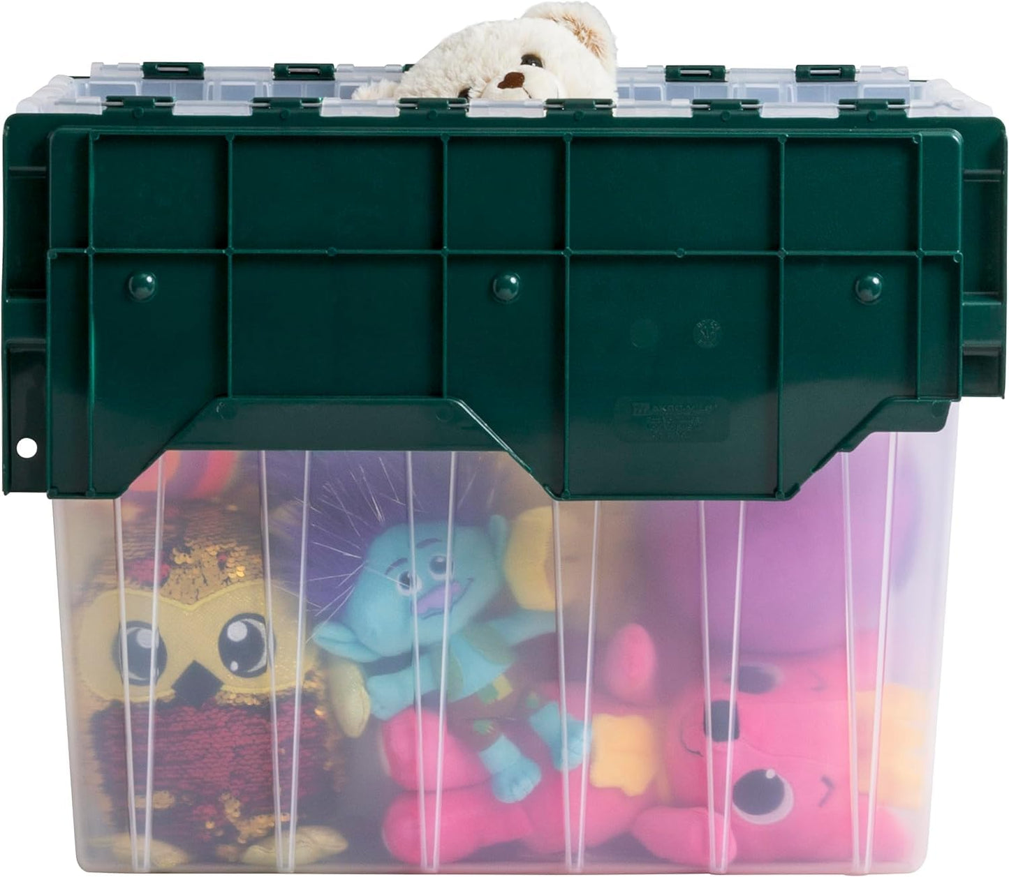 Akro-Mils 66497 18 Gallon Plastic Stackable Storage KeepBox Tote Container with Hinged Attached Lid, 21-Inch L x 15-Inch W x 17-Inch H, Clear/Green