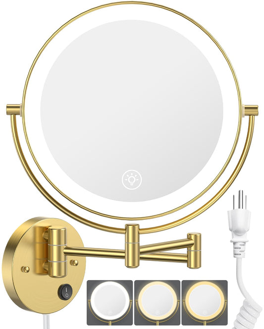 Benbilry 9" Large Size Wall Mounted Lighted Makeup Vanity Mirror, 1X/10X Magnifying Double-Sided Bathroom Mirror with 3 Color Lights, Touch Dimmable, Extended Arm 360 Rotation, Gold