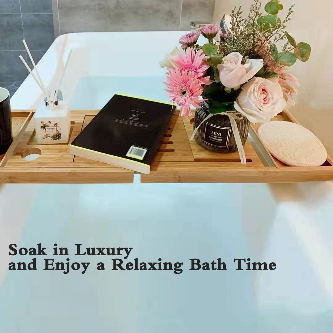 Bamboo Bathtub Caddy Tray, Bath Tub Tray with Towel Holder, Adjustable Bathtub Table with Book Holder, Phone Slot, Cup Placement