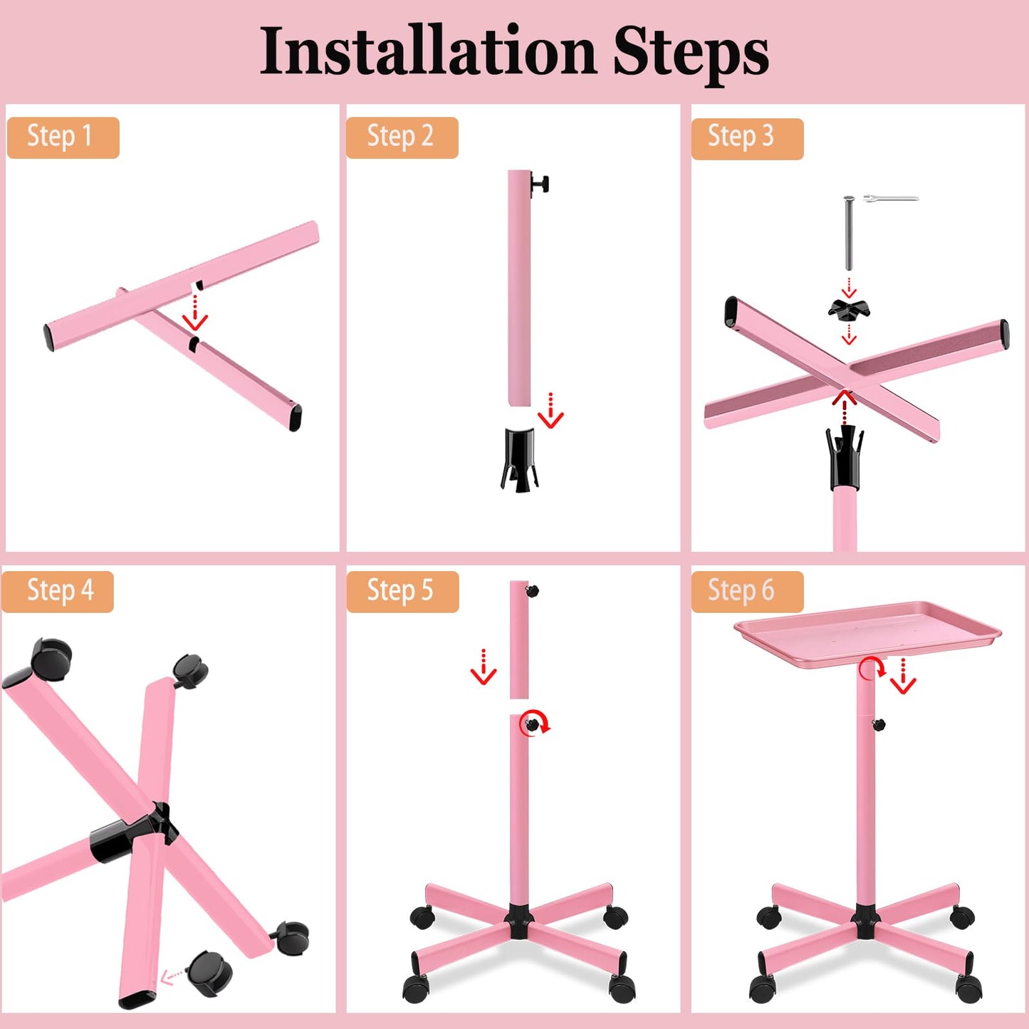 Niuadage Pink Salon Tray on Wheels, Height Adjustable 28-44 Inches, Aluminum, Hair Stylist & Color Tray, Dental & Tattoo Tray