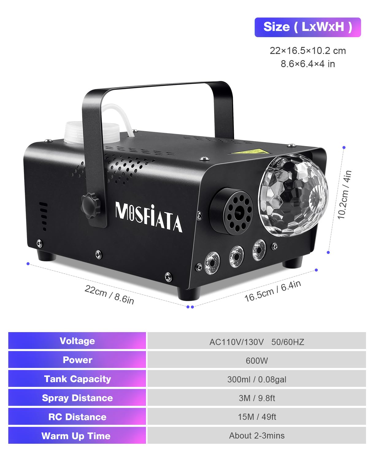 MOSFiATA Fog Machine with Disco Ball Lights 600W Smoke Machine with RGB LED Lights, 2300 CFM Spray, Remote Control, Perfect for Halloween, Christmas, Wedding, Party, Club, DJ Stage Effect