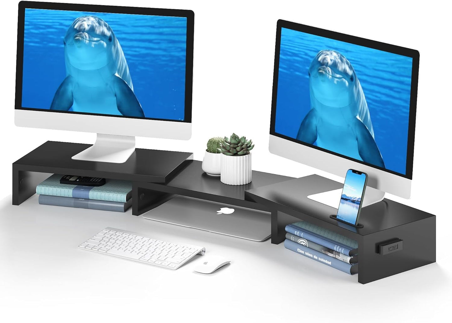 BONTEC Dual Monitor Stand for Desk, Adjustable Length and Angle Monitor Stand Riser with Smartphone Holder, Desk Shelf for Top of Desk, Computer Monitor Stand with Storage, Office Desk Organizer