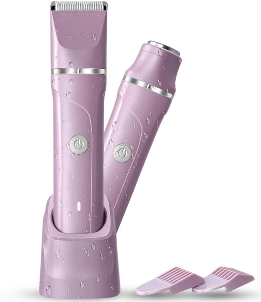 Bikini Trimmer Women,2 in 1 Painless Electric Razor and Facial Hair Remover, Body Groomer IPX7 Waterproof Wet/Dry Cordless Electric Shaver for Face Body Leg Bikini Underarm Arm（Lavender Purple）