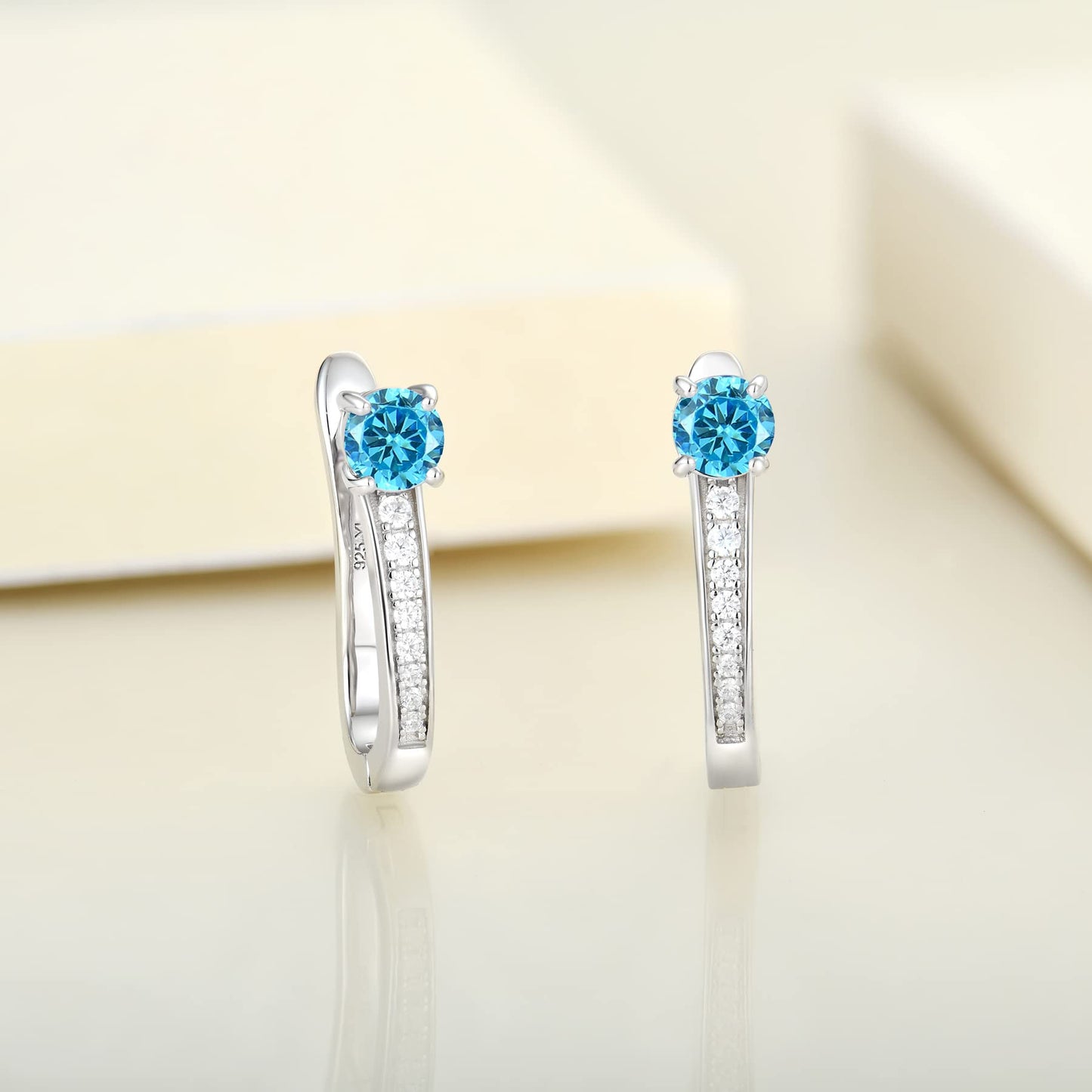 YL Created Blue Aquamarine Hoop Earrings for Women, Solid Sterling Silver U Shape Halo Huggie Birthstone Jewelry Gifts for Women Her