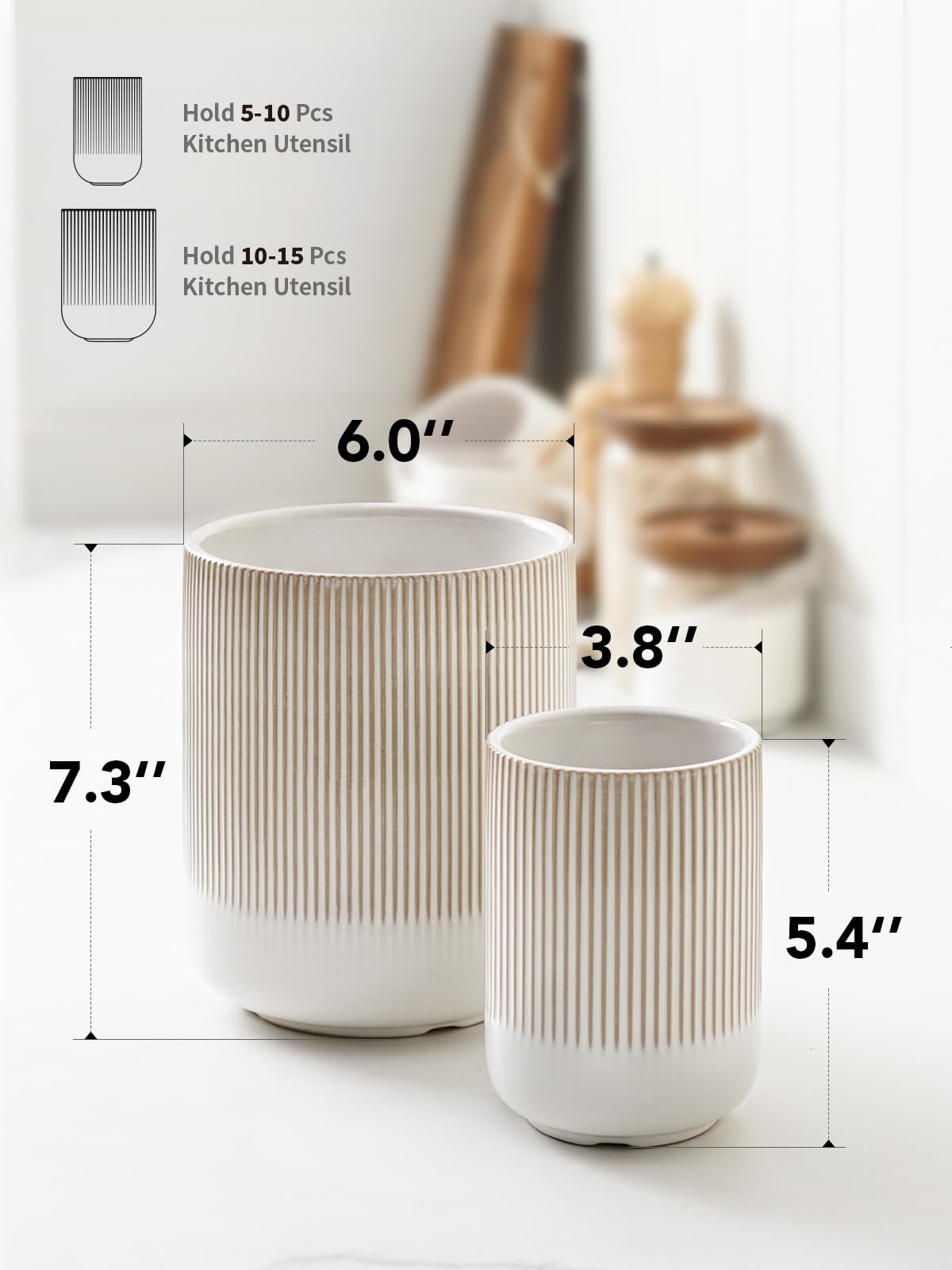 LE TAUCI Utensil Holder, Set of 2, 7.3"+5.4" Ceramic Kitchen Utensil Holder for Counter, Large Cooking Utensil Crocks for Kitchen Decor, Morden Utensil Organizer for Spatula, Reactive Glaze White