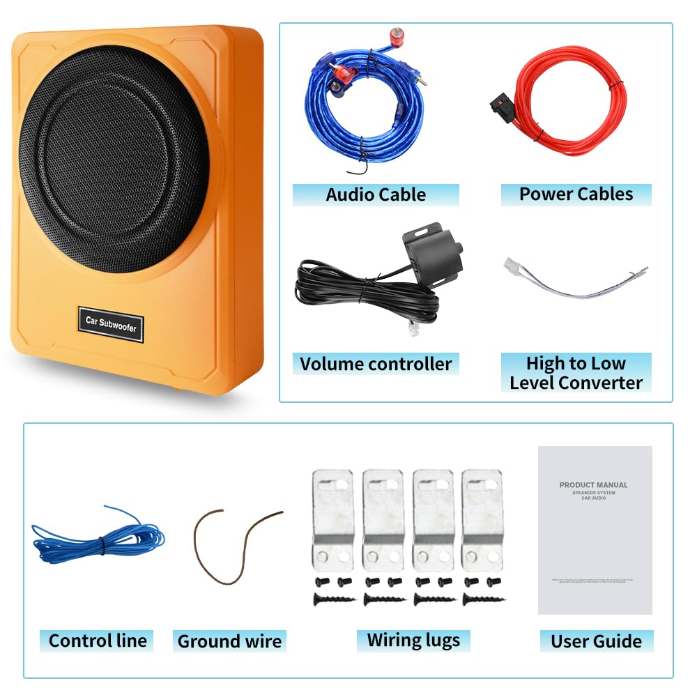 10" 800W Powered Car Subwoofer with Built-in Amplifier, 220W RMS, 20Hz-150Hz, Slim Under Seat Design, High/Low Level Input, Ideal for Cars and Trucks 2025 (Subwoofer + Mounting Wire Kit) Orange