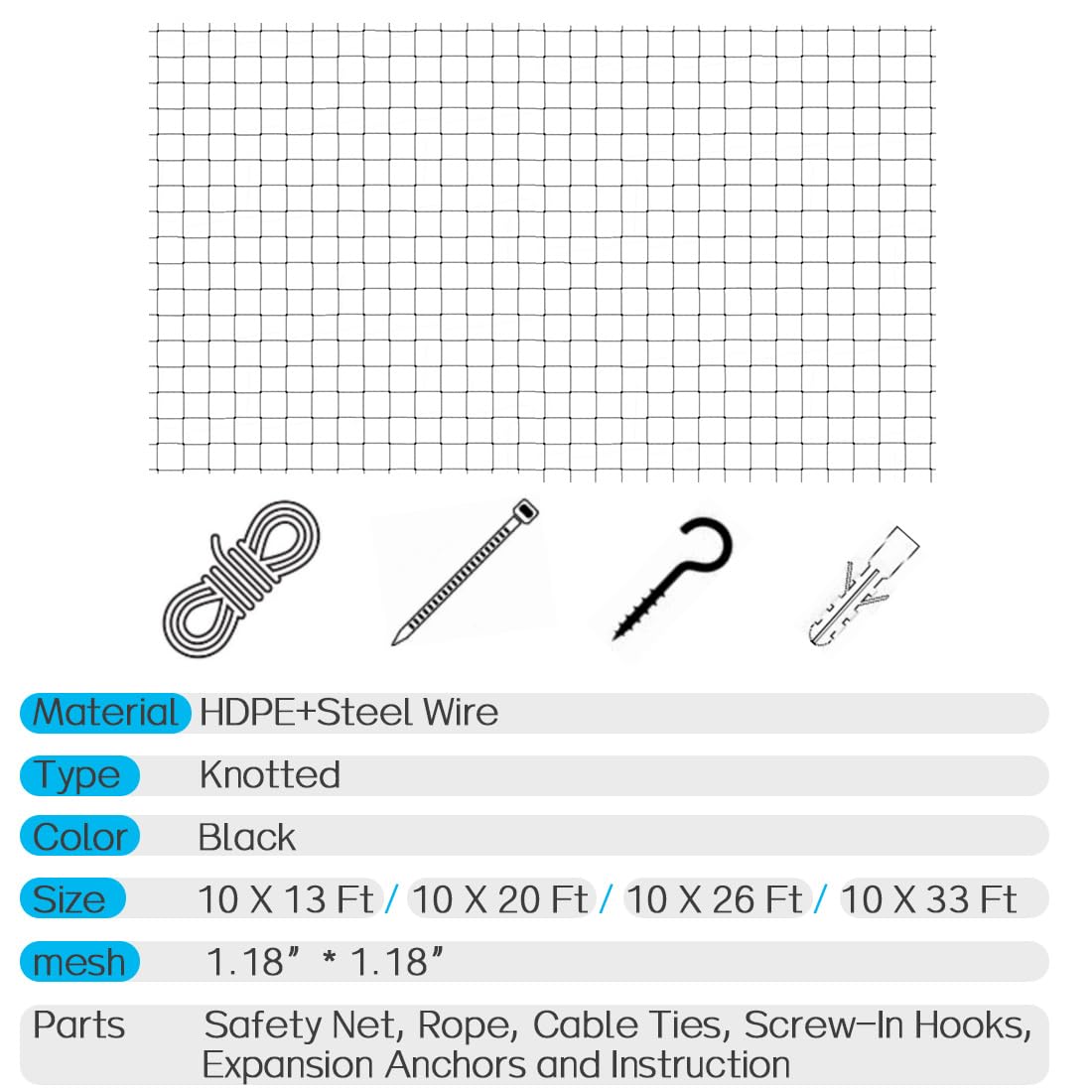Morimoe Cat Balcony Net, Steel Wire Reinforced, Anti-Fall Fence, Safety Net, Extra Strong (10 X 26 Ft)