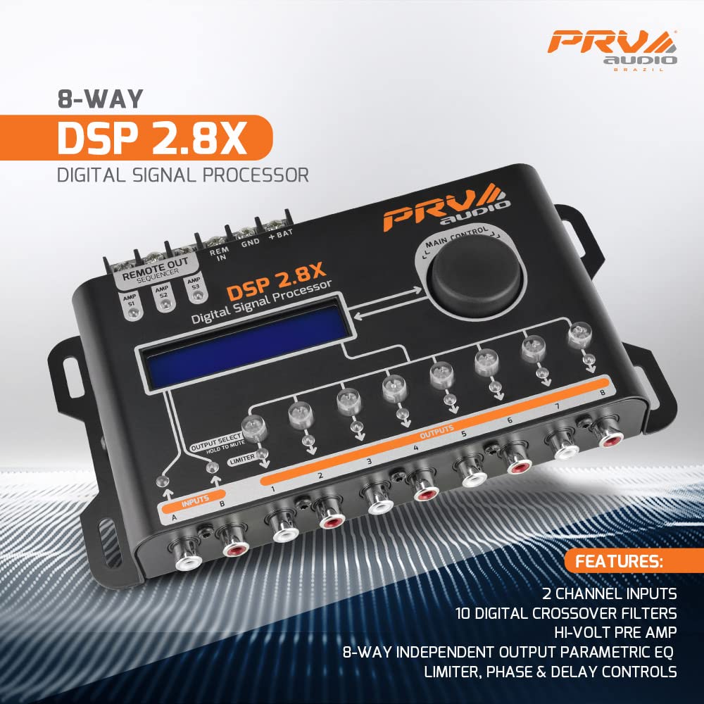 PRV AUDIO Car Audio DSP 2.8X Digital Crossover and Equalizer 8 Channel Full Digital Signal Audio Processor DSP with Sequencer Remote Relay