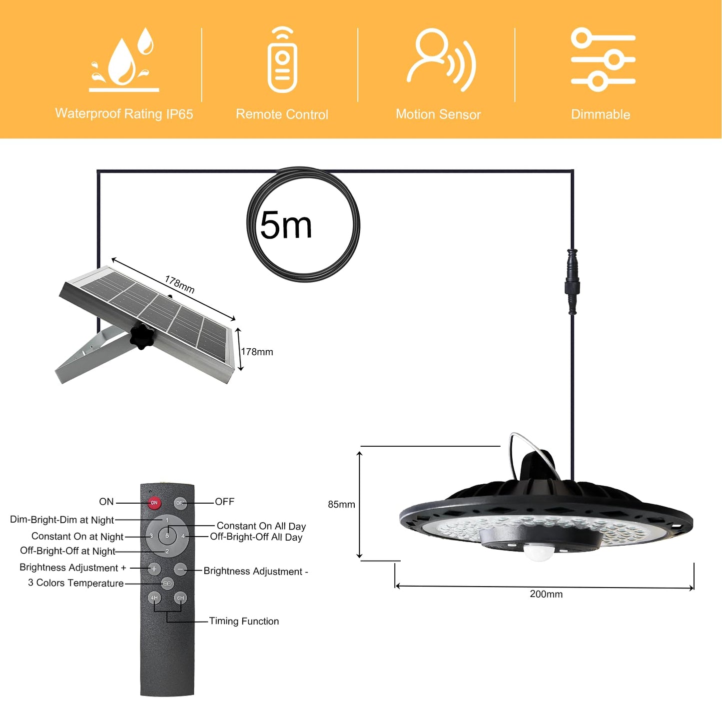 Solar Pendant UFO Light 3000LM, Gazebo Indoor Outdoor Motion Sensor Dimmable Brightness Remote Control Waterproof for Patio Porch Garage Lights