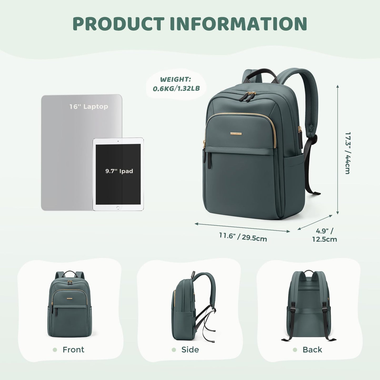GOLF QUALITY Hiking Travel Backpack for Women Casual Business Weekender Multilayer Laptop Bag,16 Inch,DarkGreen