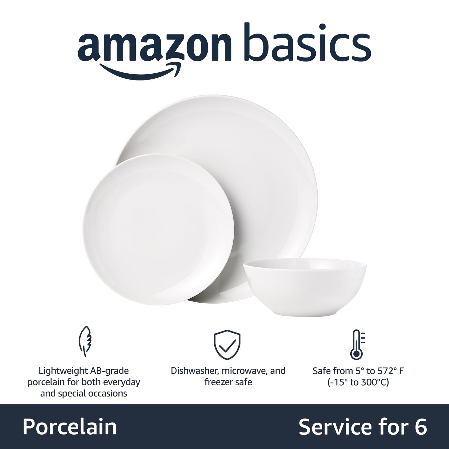 Amazon Basics 18-Piece Dinnerware Set, Dishes, Bowls, Service for 6, White Porcelain Coupe