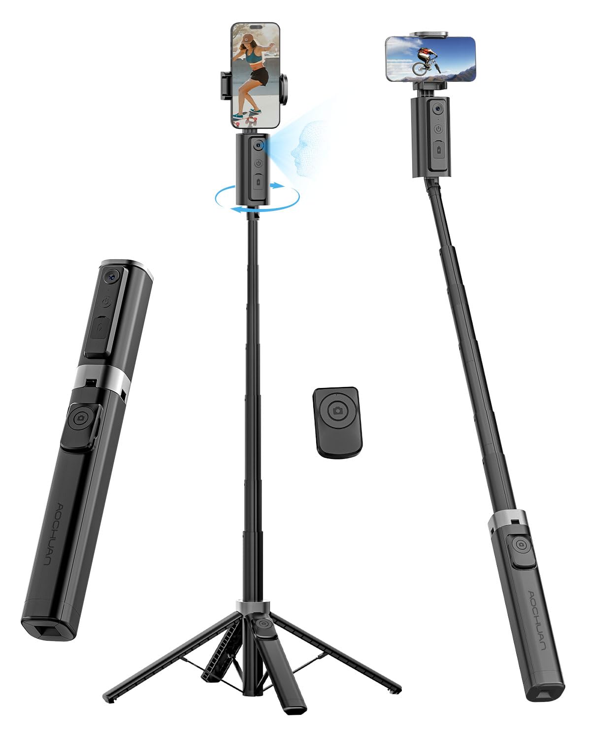 AOCHUAN Face Tracking Tripod for iPhone,57'' Expandable Selfie Stick for iPhone,Phone Tripod for Android with Remote, No APP,Gesture Control,Content Creator Essentials for YouTube, Tiktok,Smart M3