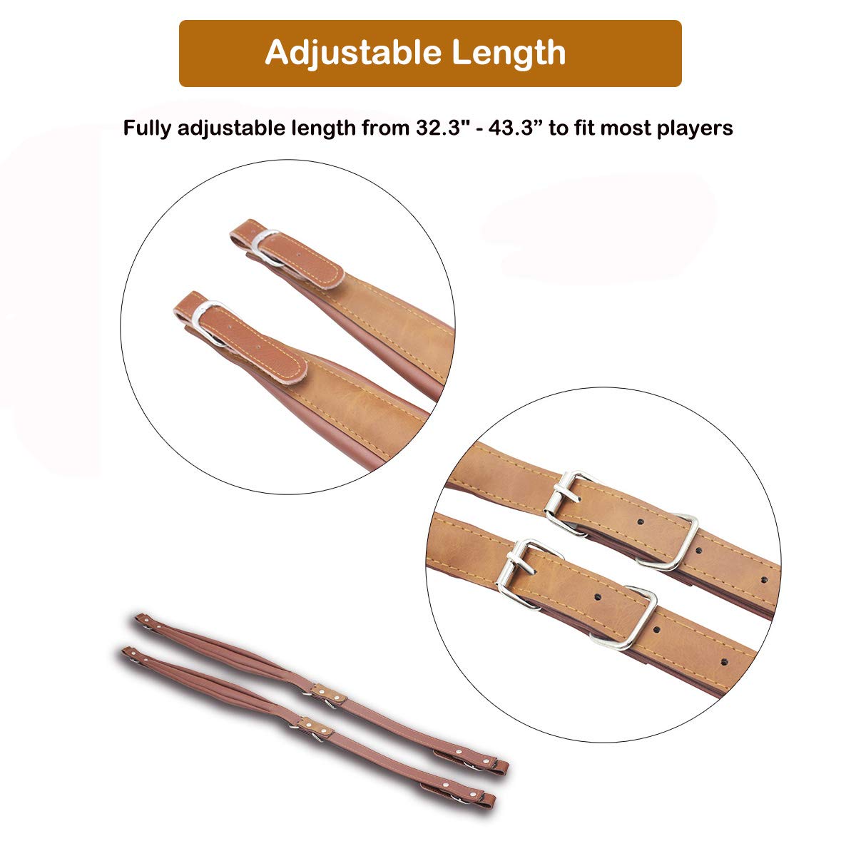 YUNNLEZT Accordion Straps,1Pair Soft PU Leather Accordion Shoulder Harness Strap with Adjustable Buckles for 16-120 Bass Accordions, Coffee, 32inch