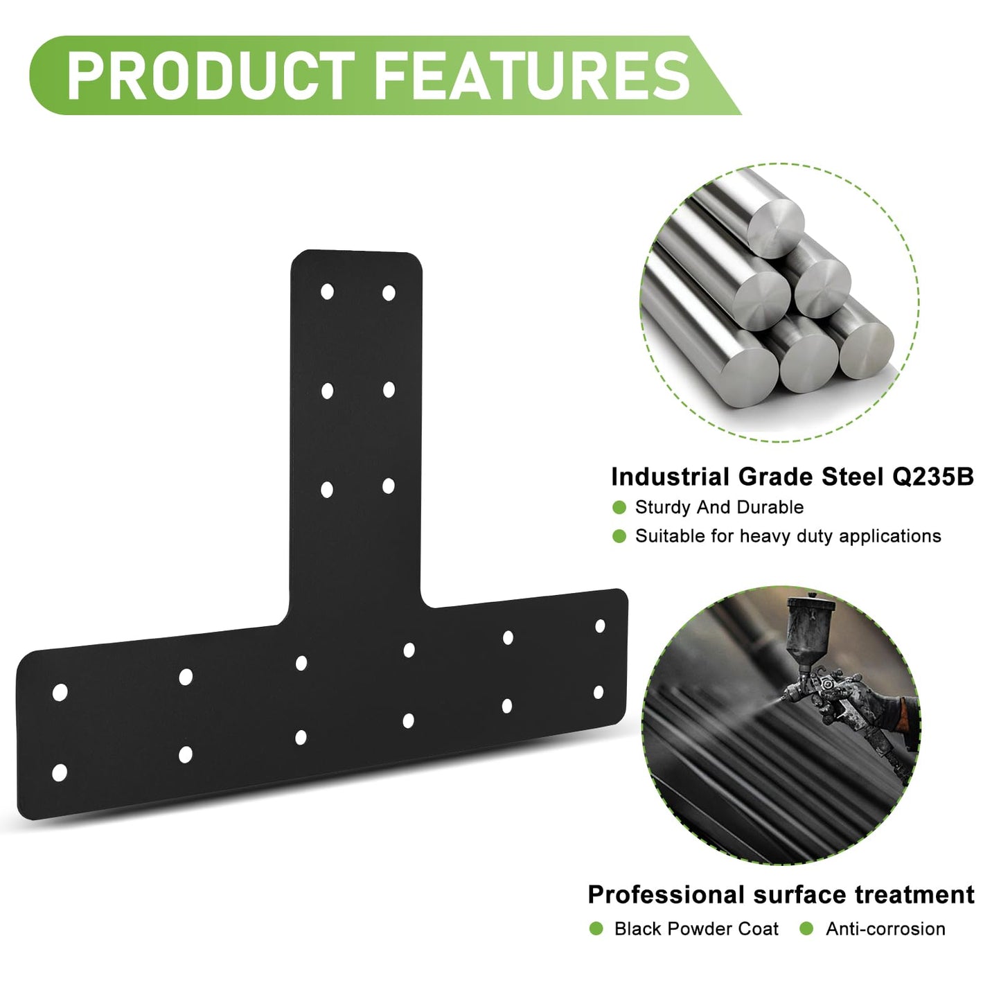 T Post Bracket 4PCS, T Flat Mending Plate for Wood 4x4,6x6 Lumber, Black Powder Coated Heavy Duty Pergola Brackets,T Beam Bracket, T Truss Bracket,T Shape Post to Beam Connectors………