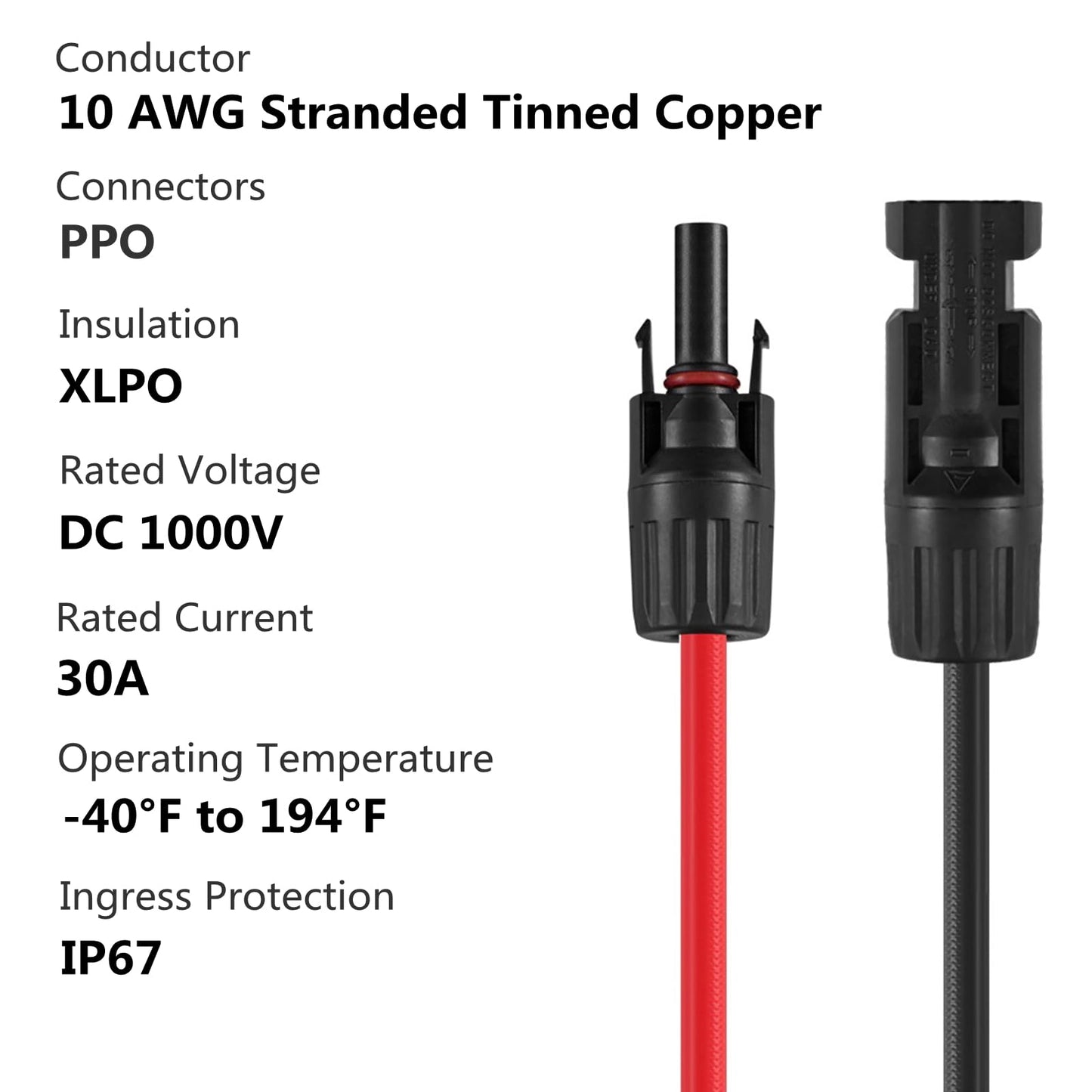SOYAN 20 Feet 10AWG Solar Extension Cables Fitted with Connectors (Red & Black)