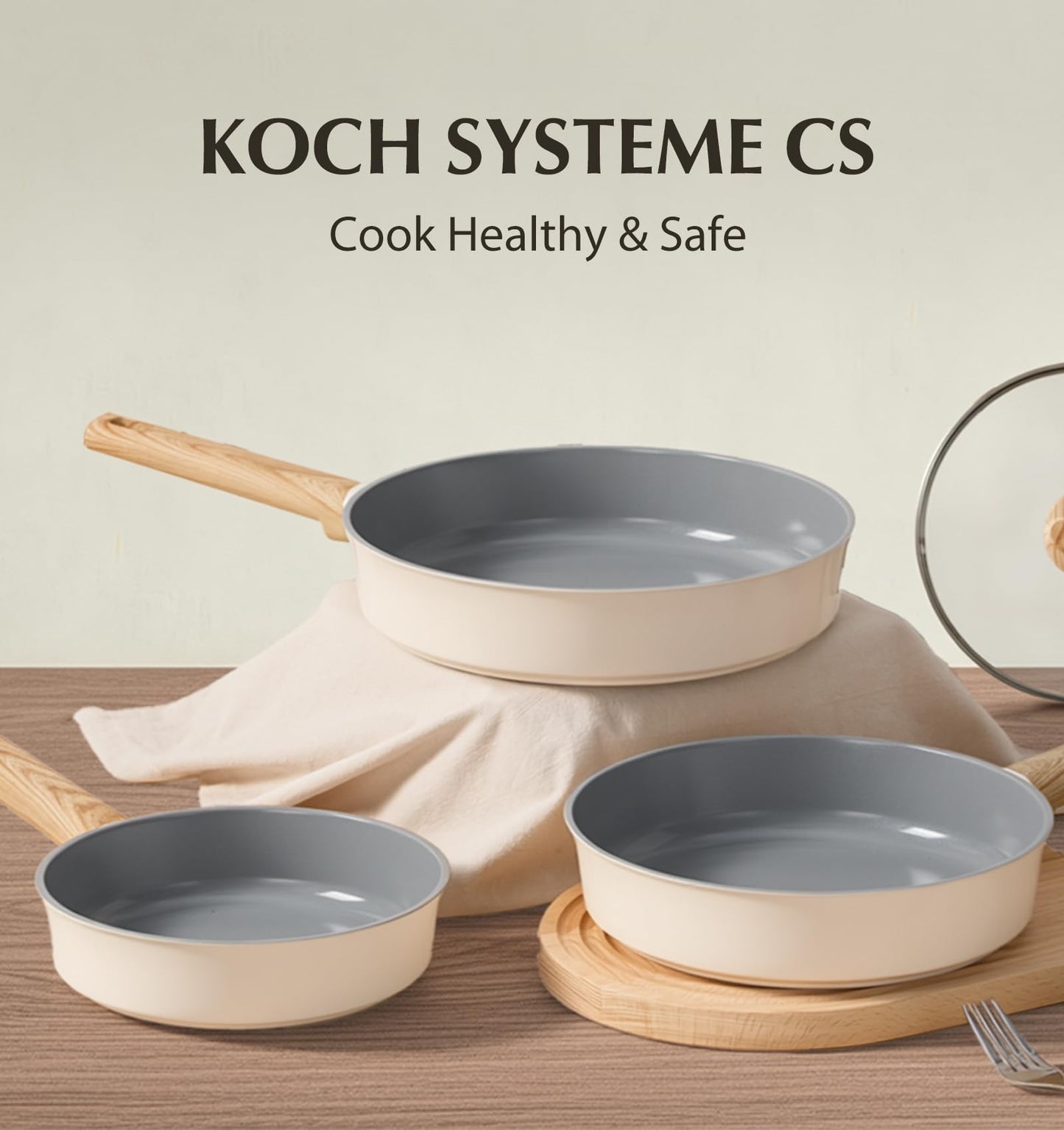 KOCH SYSTEME CS Non Stick Frying Pans Set 3 Piece, Nonstick Ceramic Frying Pans Heat-Resistant Handle, 8" 9.5" 11" Non Toxic Cooking Pan Set, Induction Compatible Skillet, Dishwasher Safe, Cream White