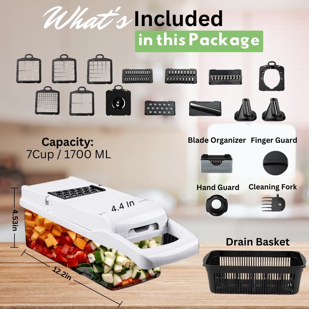 22-in-1 Safety-Locked Vegetable Chopper with 13 Stainless Blades - BPA-Free Vegetable Slicer & Onion Chopper – Meal Prep Veggie Chopper & Mandoline Slicer with Storage (White)